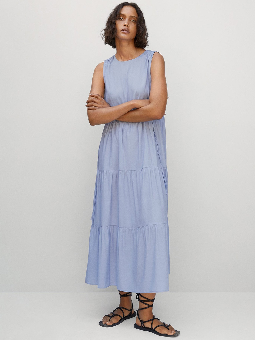 

MANGO Blue Solid Sustainable Gathered Tiered Maxi Dress