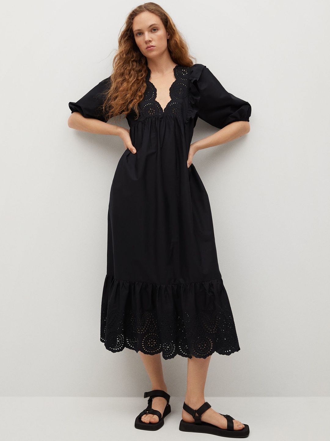 

MANGO Black Pure Cotton A-Line Midi Dress With Schiffli Detail