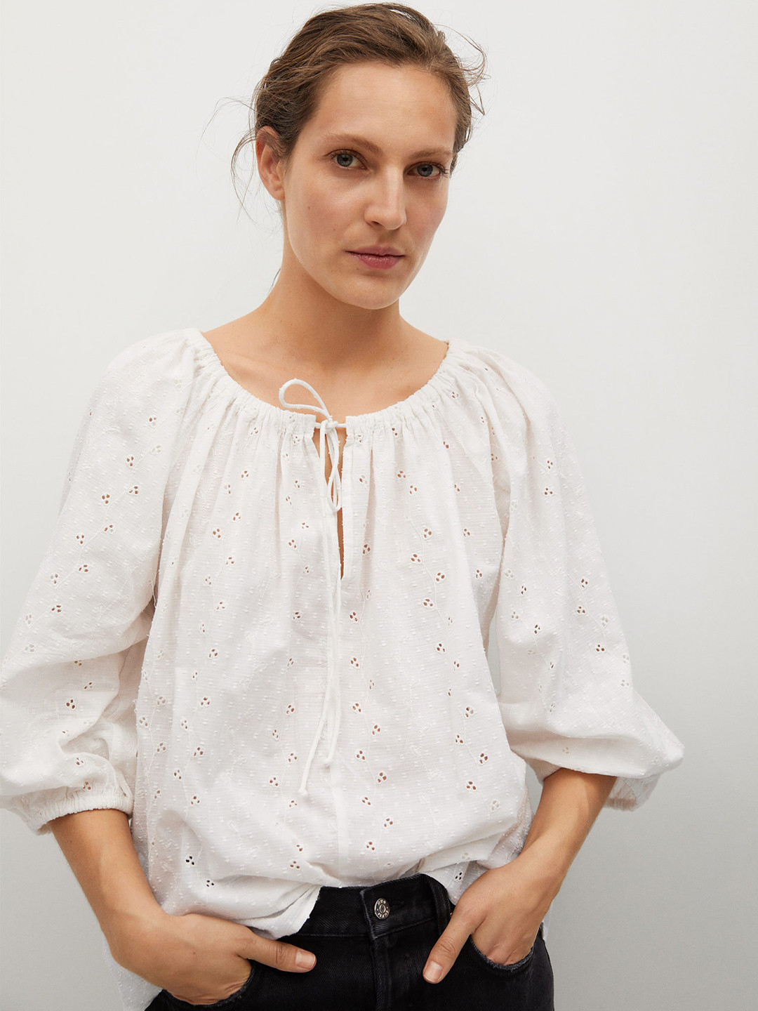 

MANGO White Geometric Schiffli Embroidered Pure Cotton Sustainable Tie-Up Neck A-Line Top