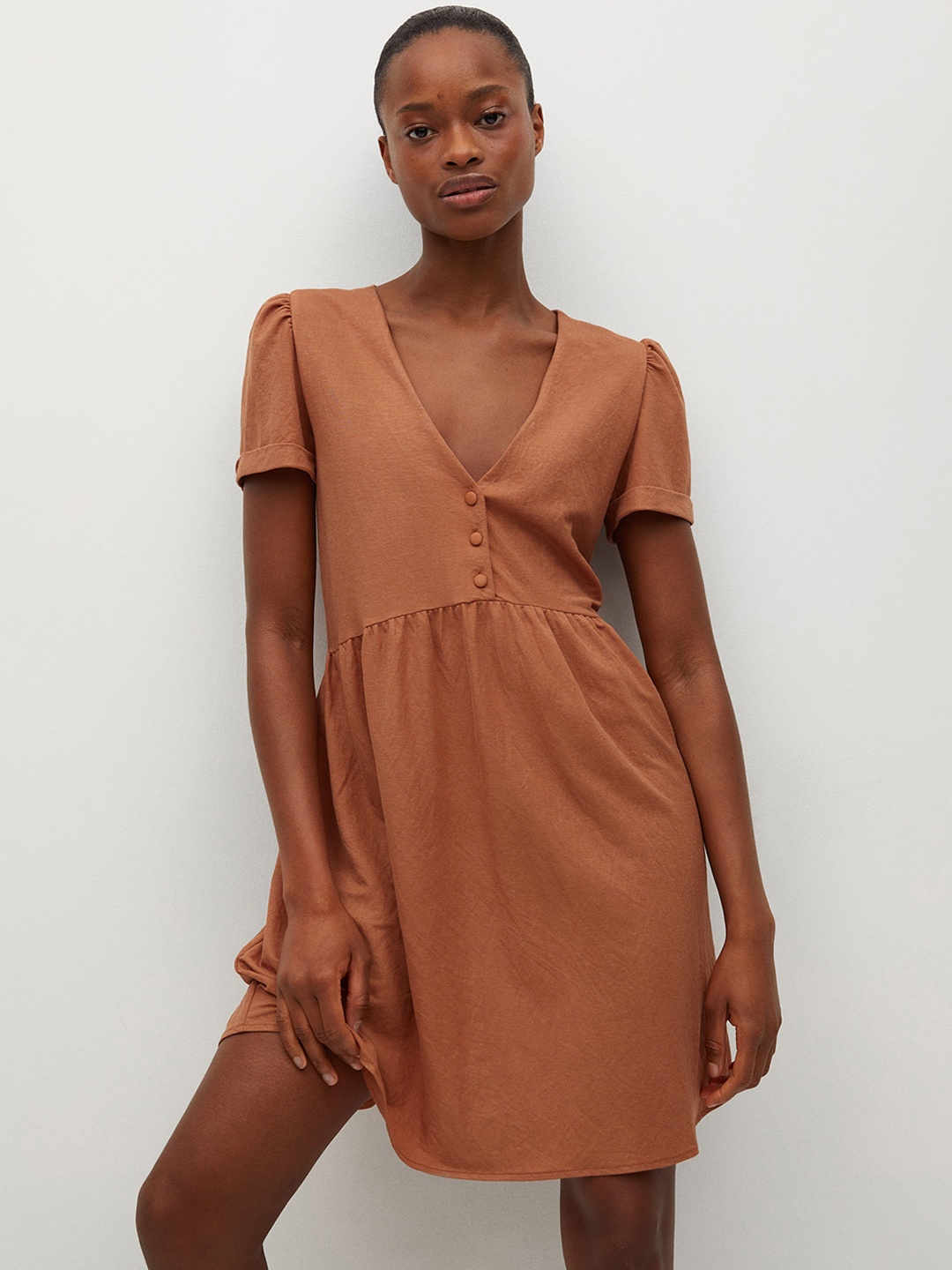

MANGO Women Rust Brown Solid A-Line Sustainable Dress