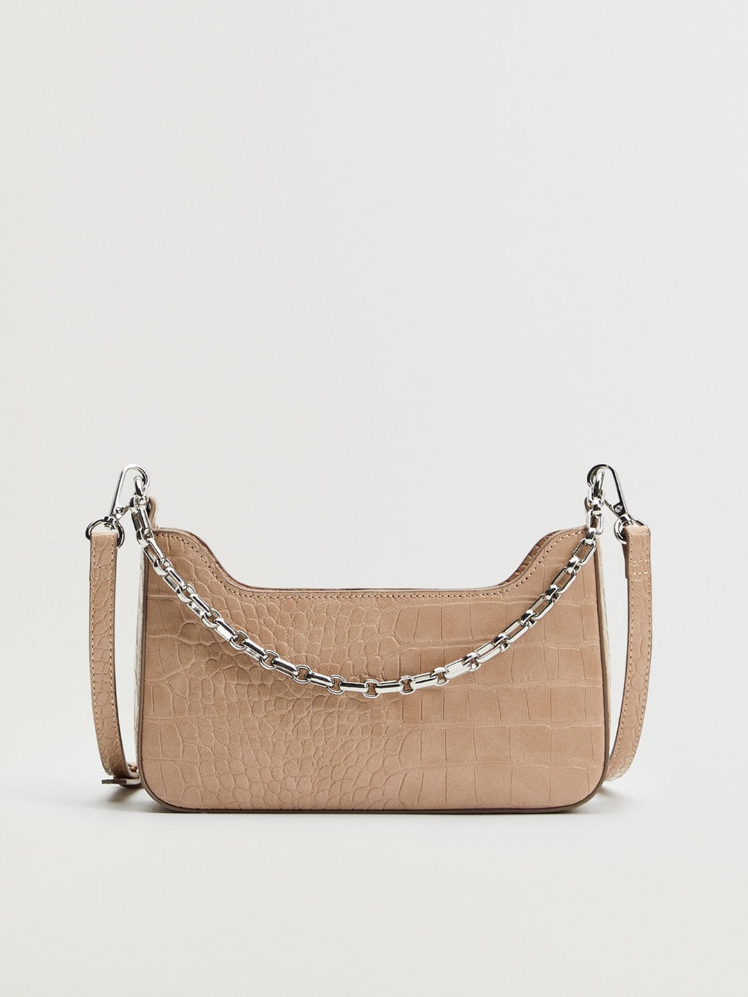 

MANGO Peach-Coloured Croc Textured Handheld Bag