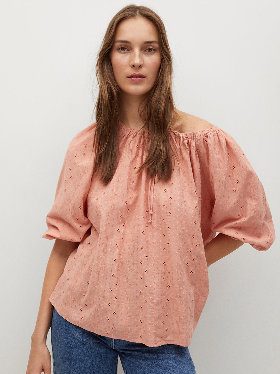 

MANGO Peach-Coloured Geometric Embroidered Off-Shoulder Schiffli Cotton Bardot Top