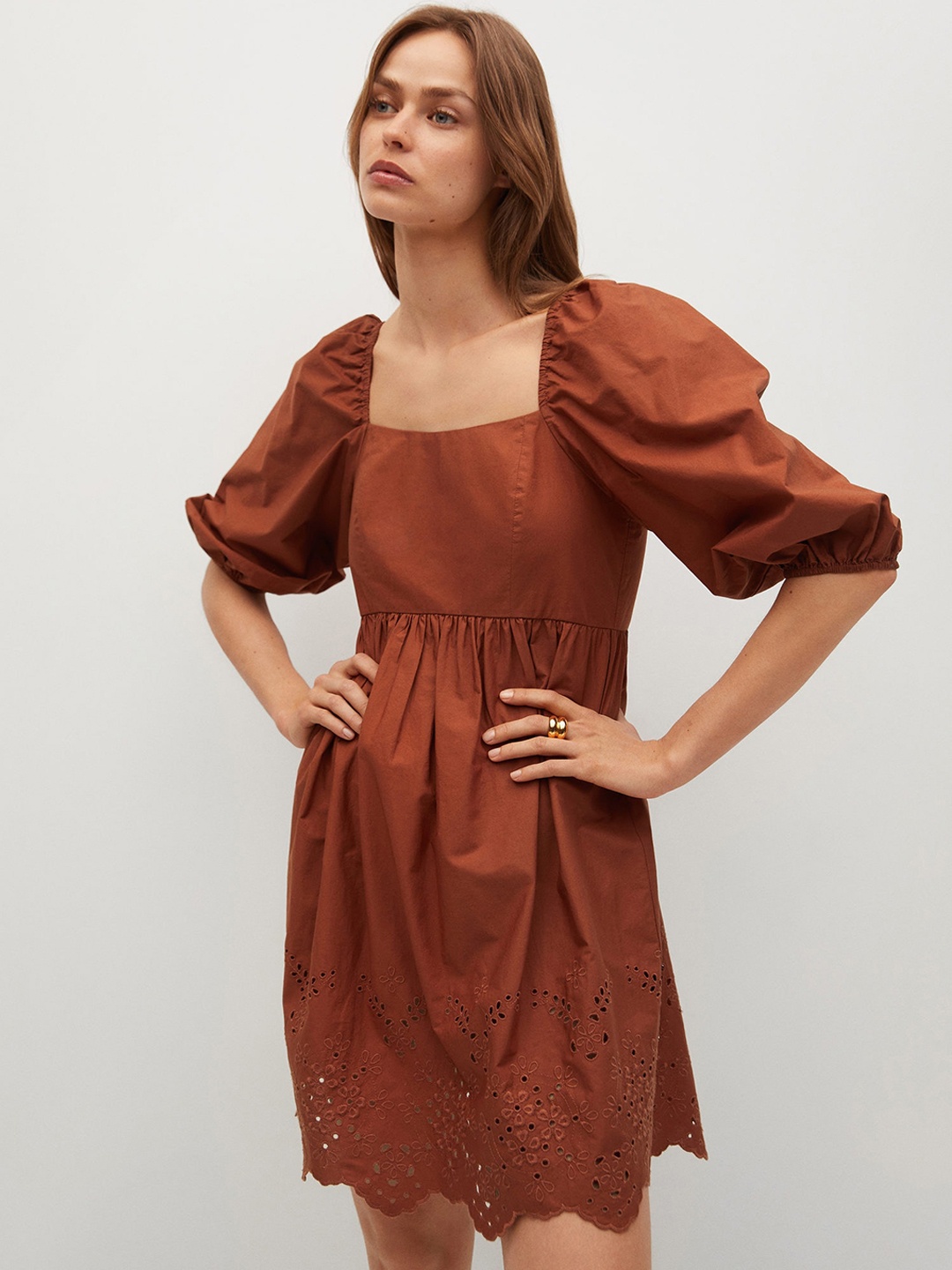 

MANGO Women Brown Solid Pure Cotton A-Line Sustainable Dress With Schiffli Detail