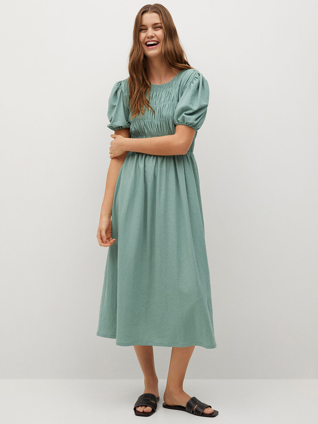 

MANGO Women Green Solid A-Line Midi Sustainable Dress