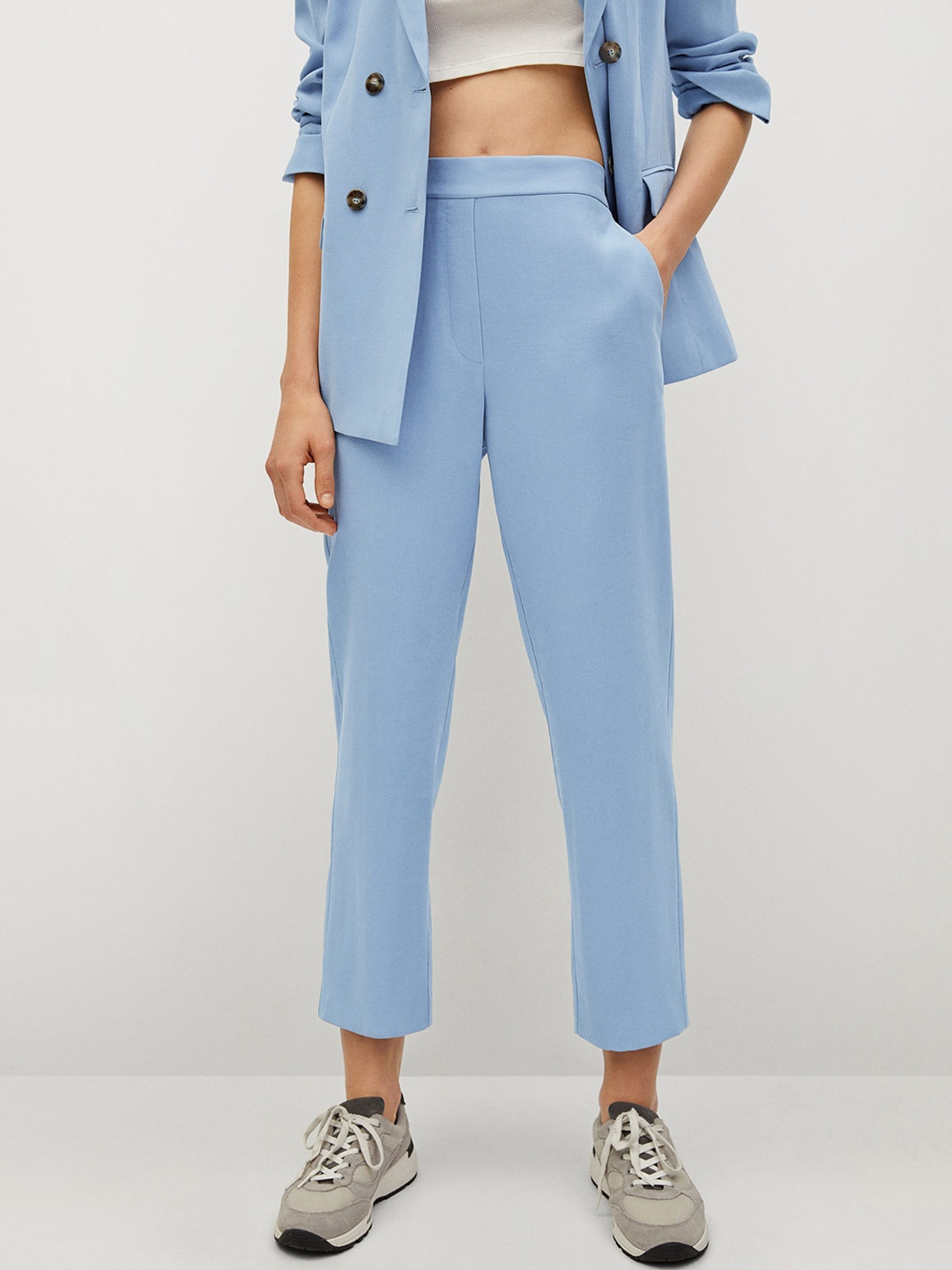

MANGO Women Blue Sustainable Straight Fit Solid Cropped Regular Trousers