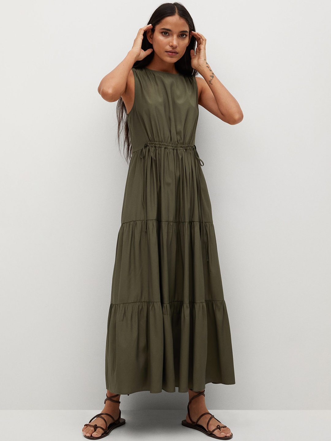 

MANGO Olive Green Solid Sustainable Gathered Tiered Maxi Dress