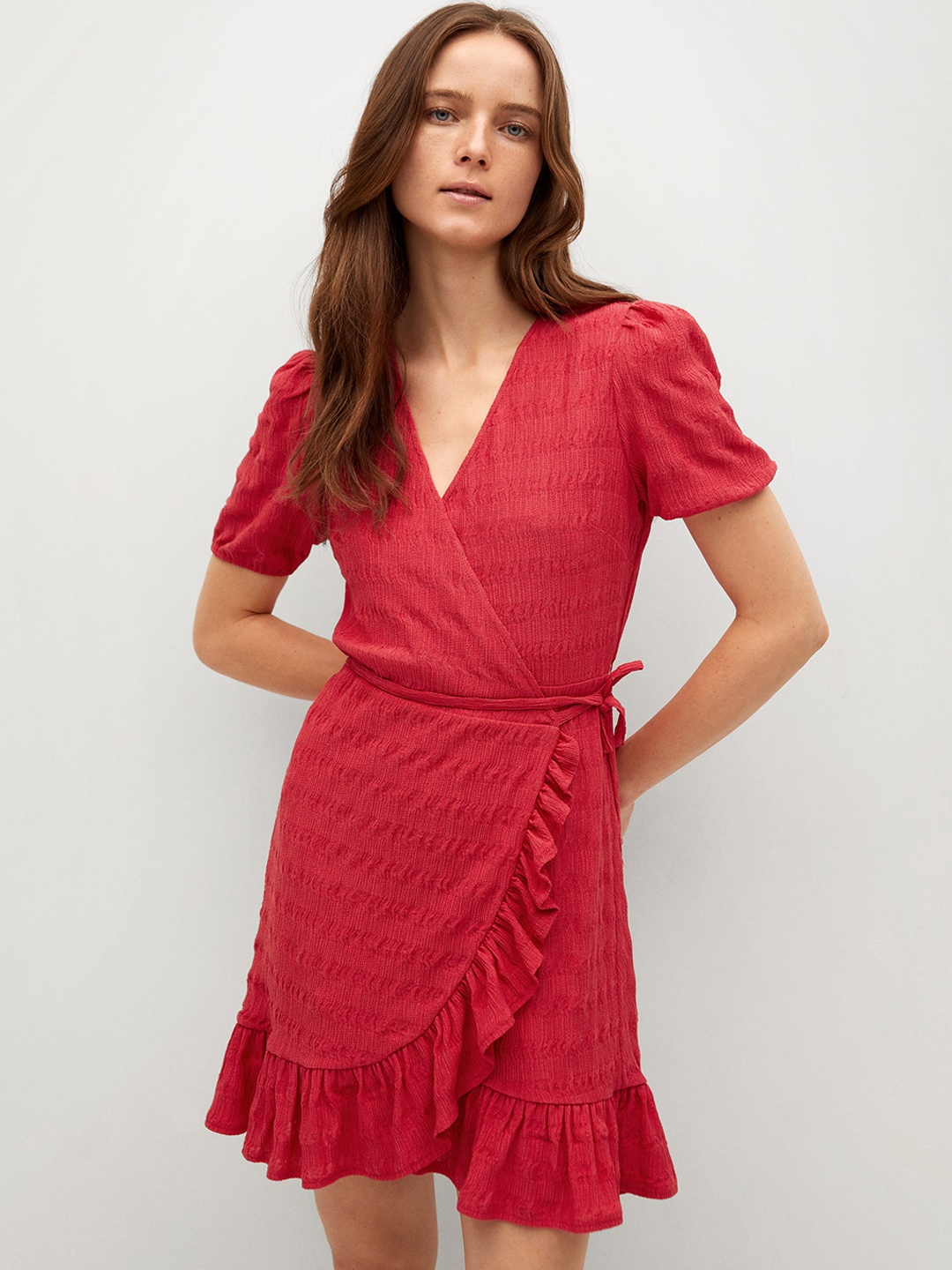 

MANGO Red Seersucker Textured Sustainable Wrap Dress