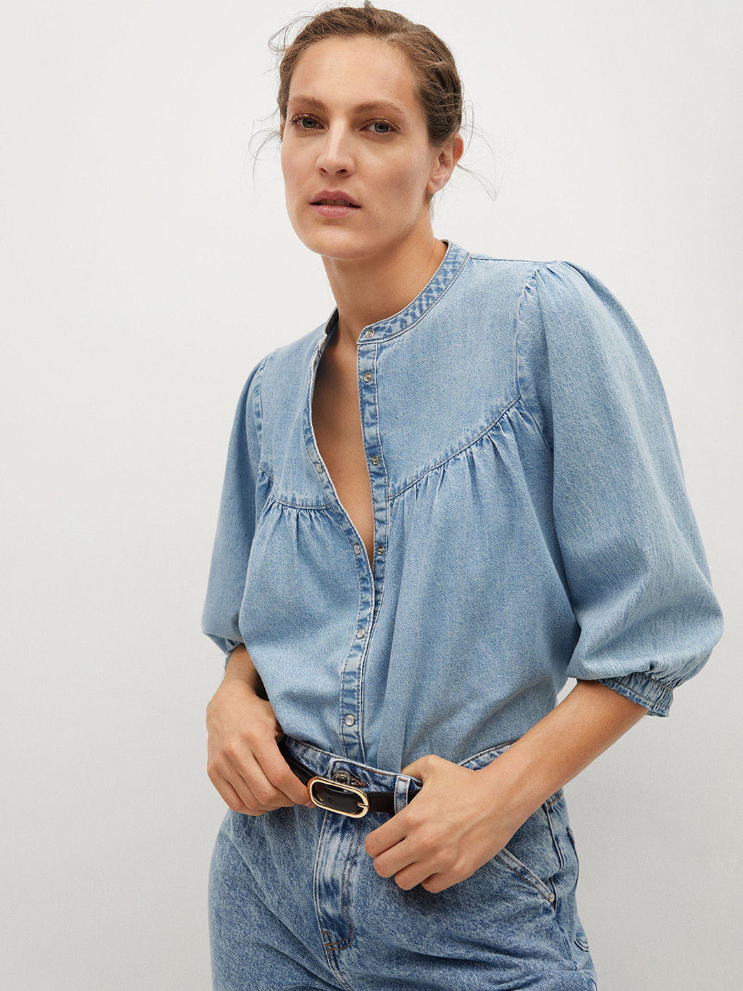 

MANGO Women Blue Regular Fit Faded Denim Casual Shirt