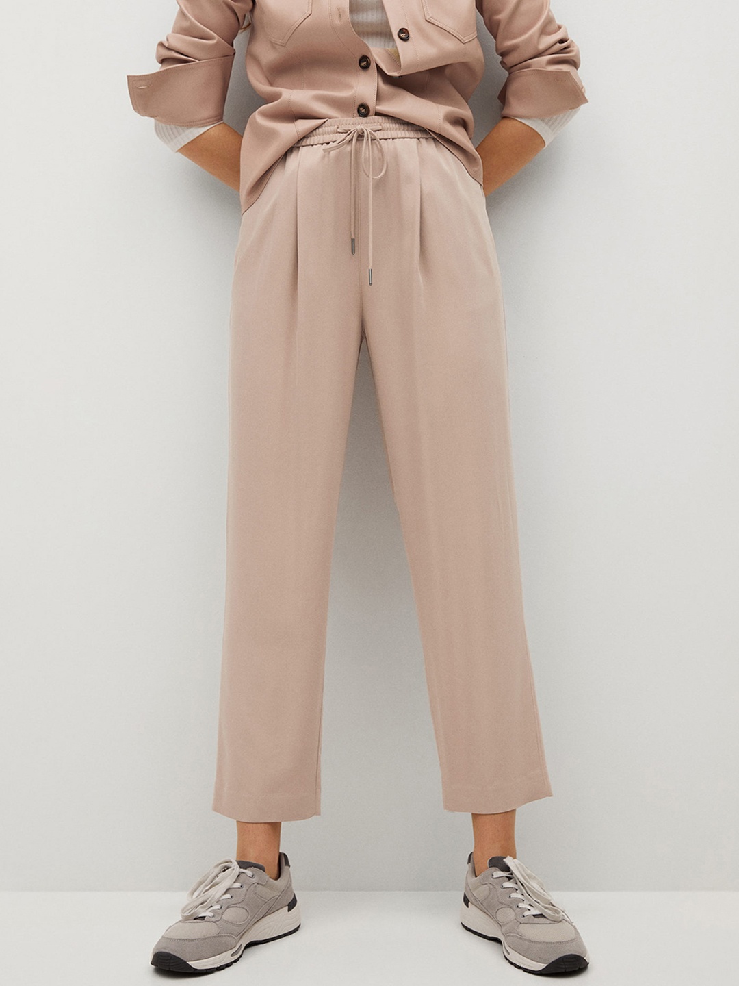 

MANGO Women Beige High-Rise Pleated Solid Cropped Regular Trousers