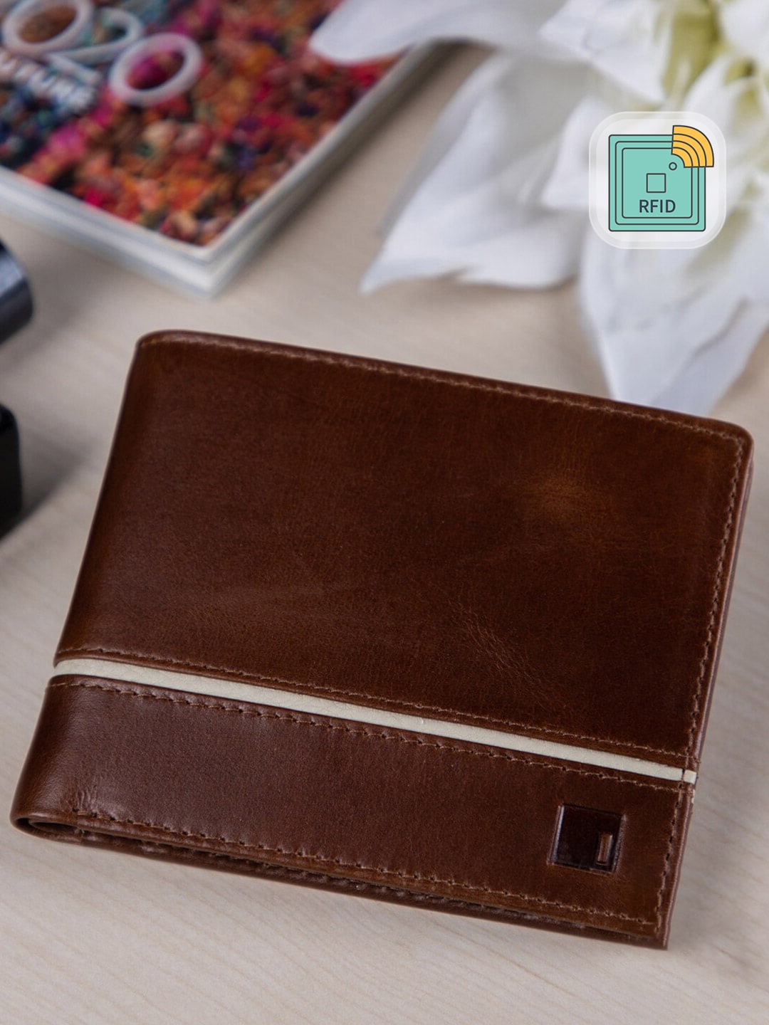 

Impulse Men Brown & White Solid Leather RFID Two Fold Wallet