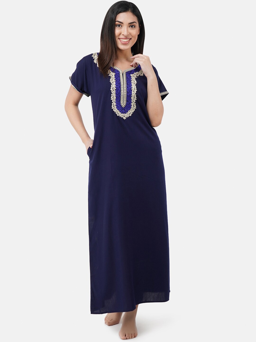 

KOI SLEEPWEAR Navy Blue Embroidered Cotton Maxi Nightdress