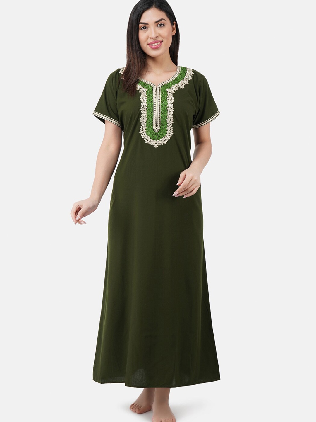 

KOI SLEEPWEAR Woman Olive Green & White Cotton Embroidered Maxi Nightdress