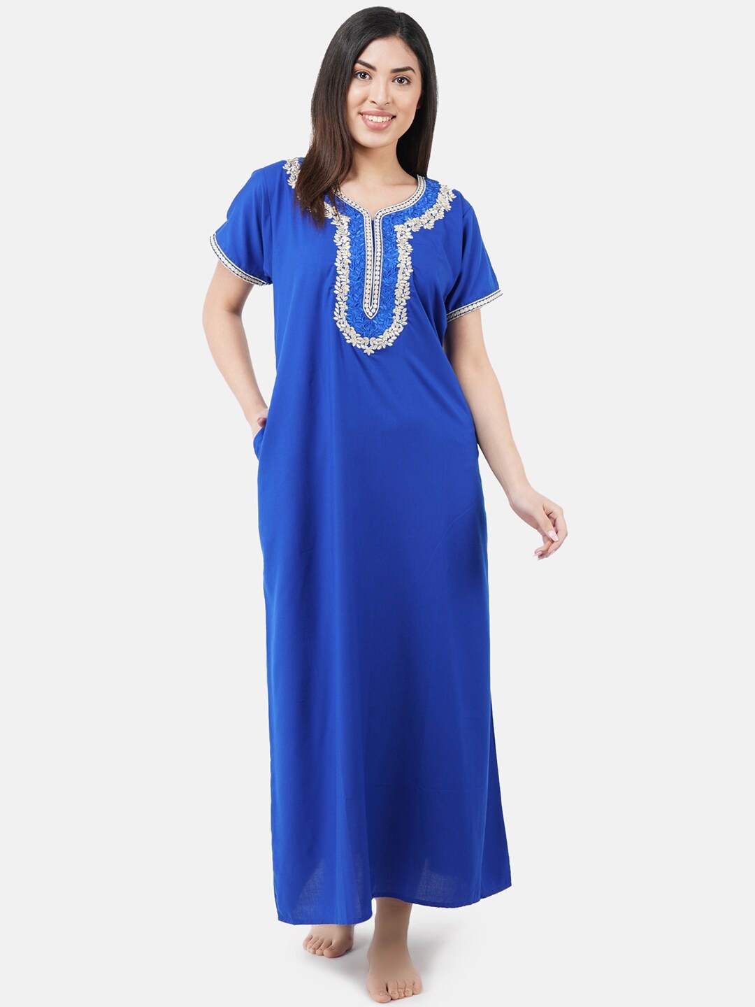 

KOI SLEEPWEAR Blue Embroidered Cotton Maxi Nightdress