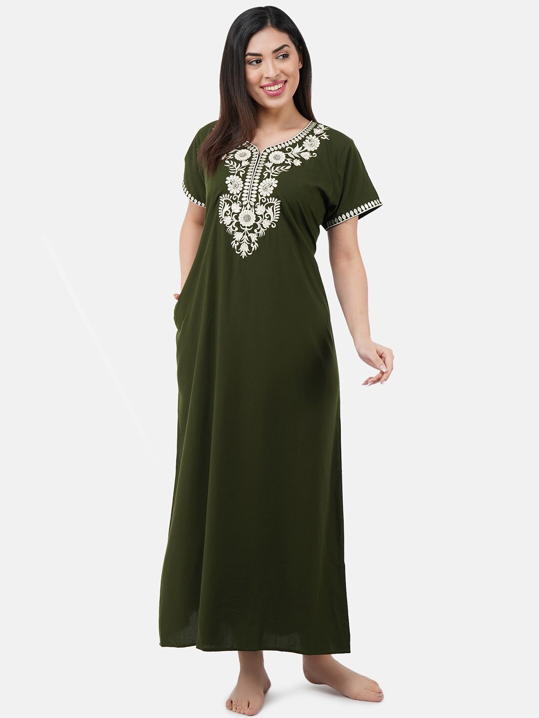 

KOI SLEEPWEAR Olive Green & Cream-Coloured Embroidered Lissybissy Cotton Nightdress