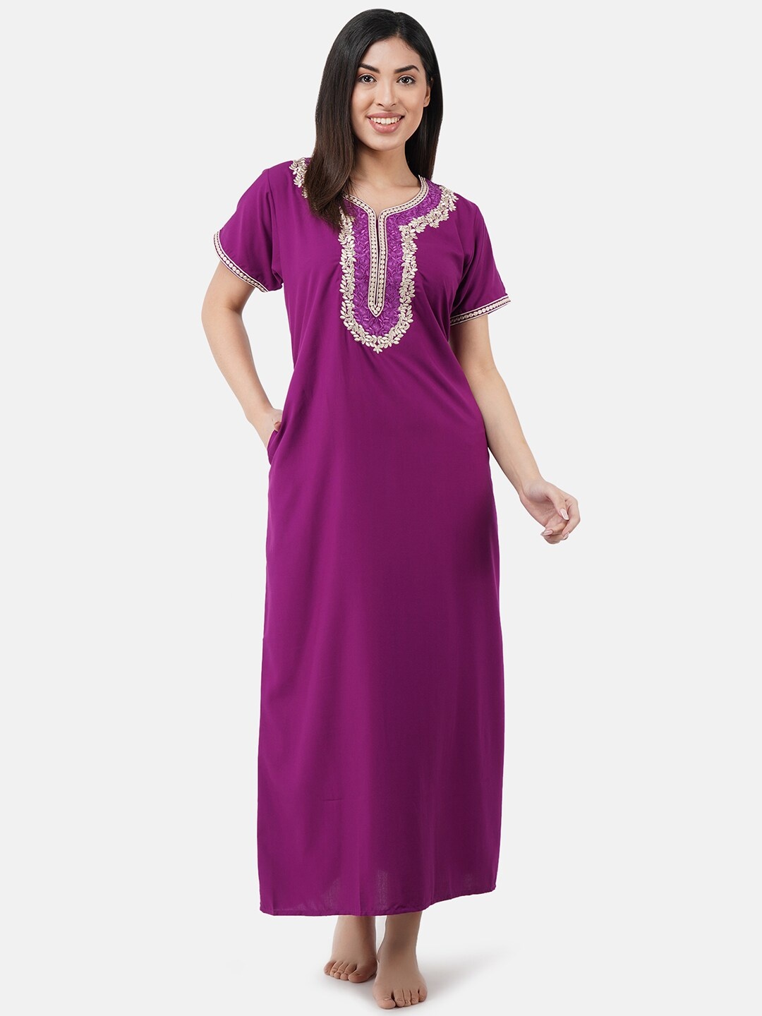 

KOI SLEEPWEAR Woman Purple & White Cotton Embroidered Maxi Nightdress