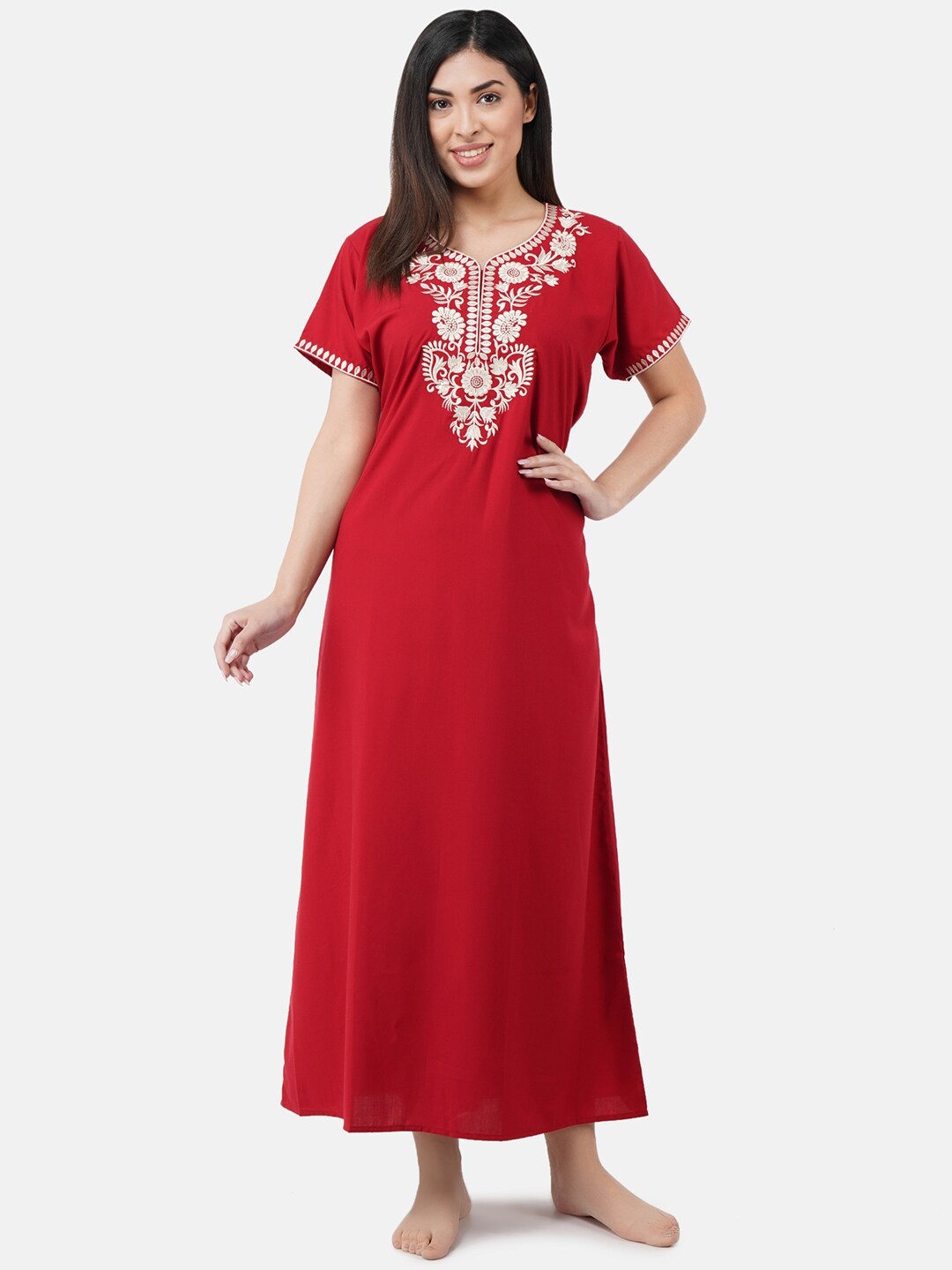 

KOI SLEEPWEAR Red & White Embroidered Cotton Nightdress