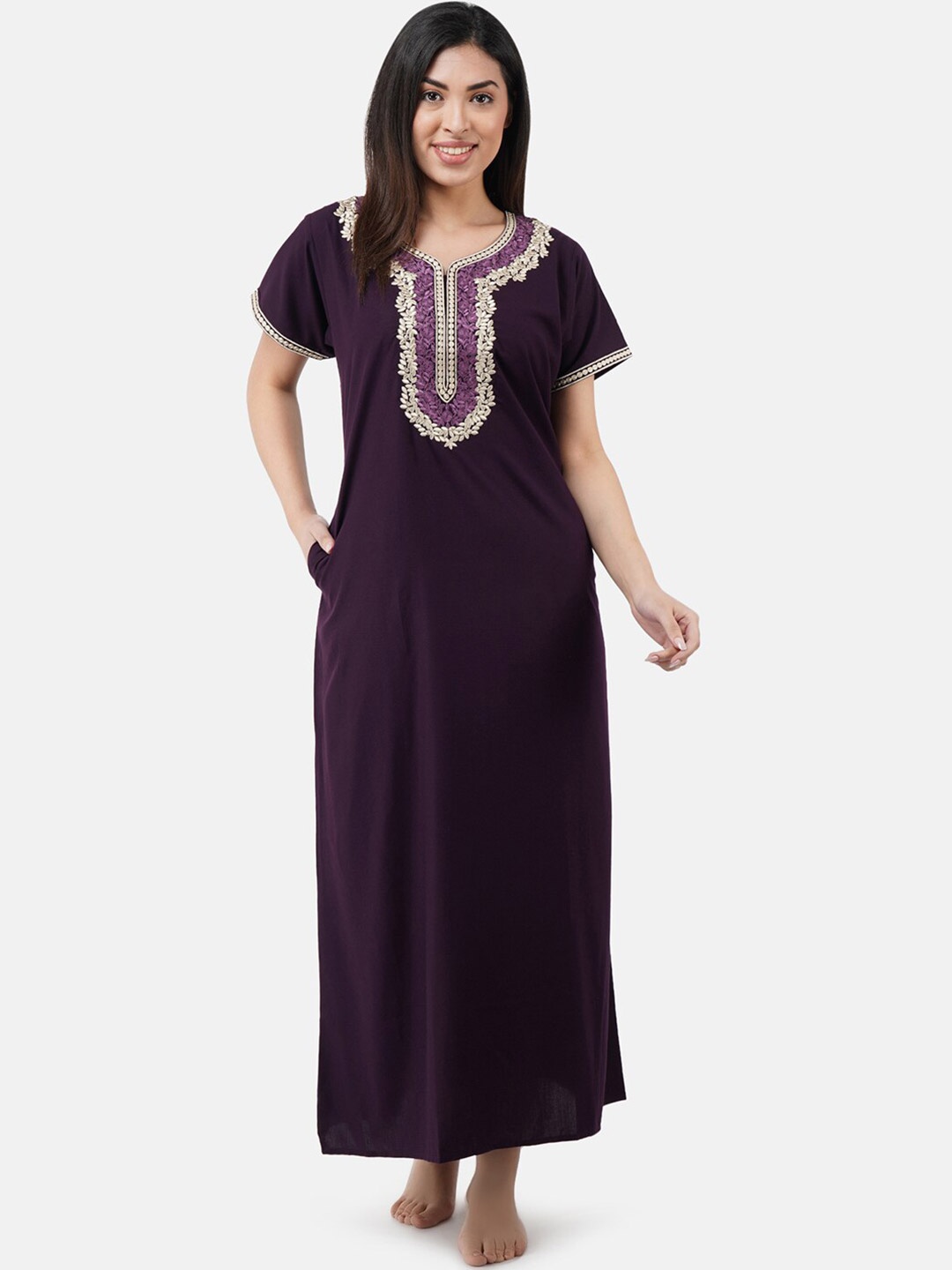 

KOI SLEEPWEAR Burgundy & Beige Embroidered Cotton Nightdress, Violet