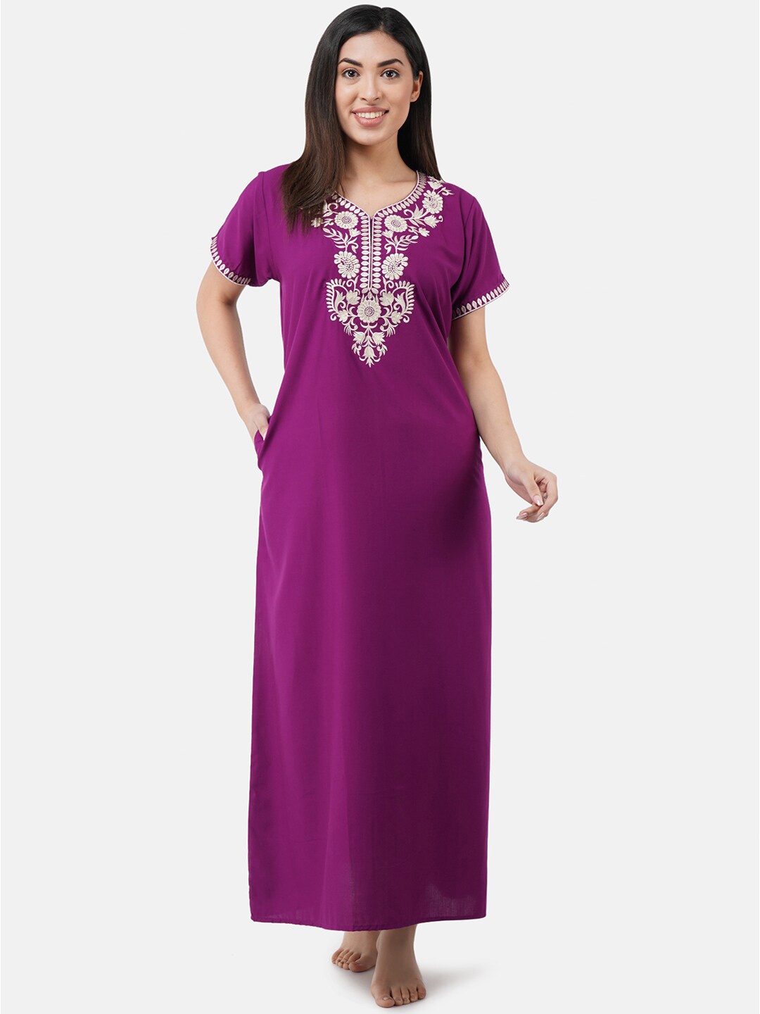 

KOI SLEEPWEAR Purple & White Embroidered Cotton Maxi Nightdress