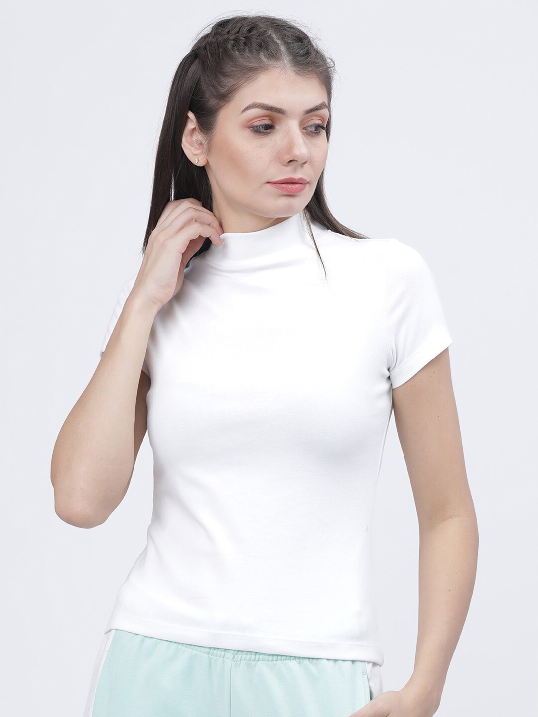 

Tokyo Talkies Women White Solid High Neck T-shirt
