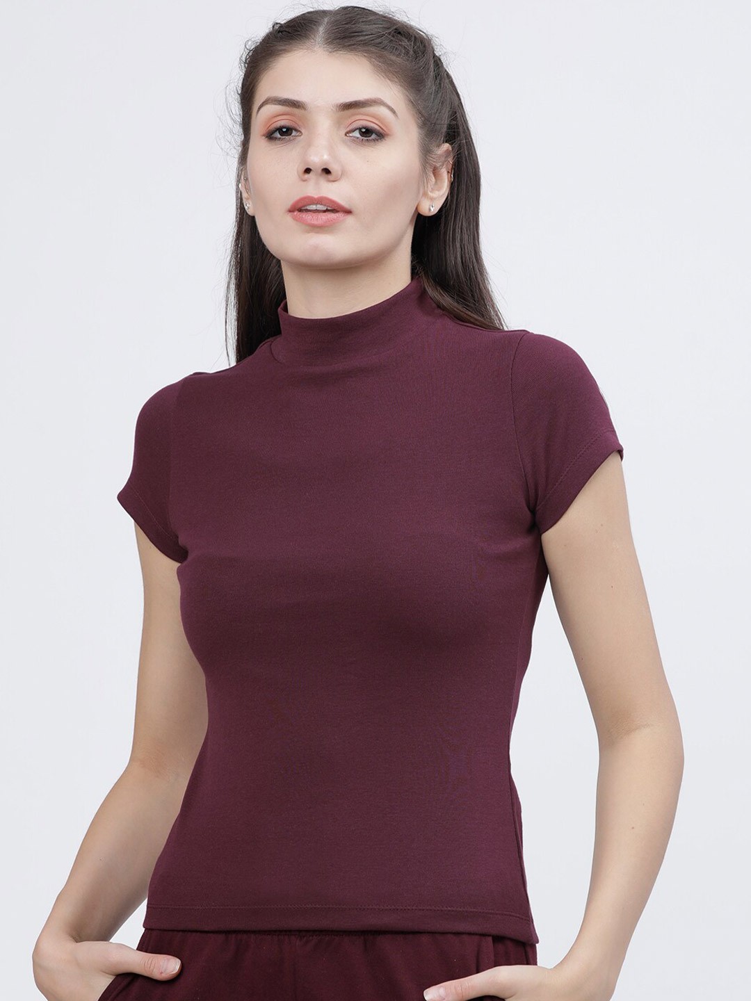 

Tokyo Talkies Women Burgundy Solid High Neck T-shirt