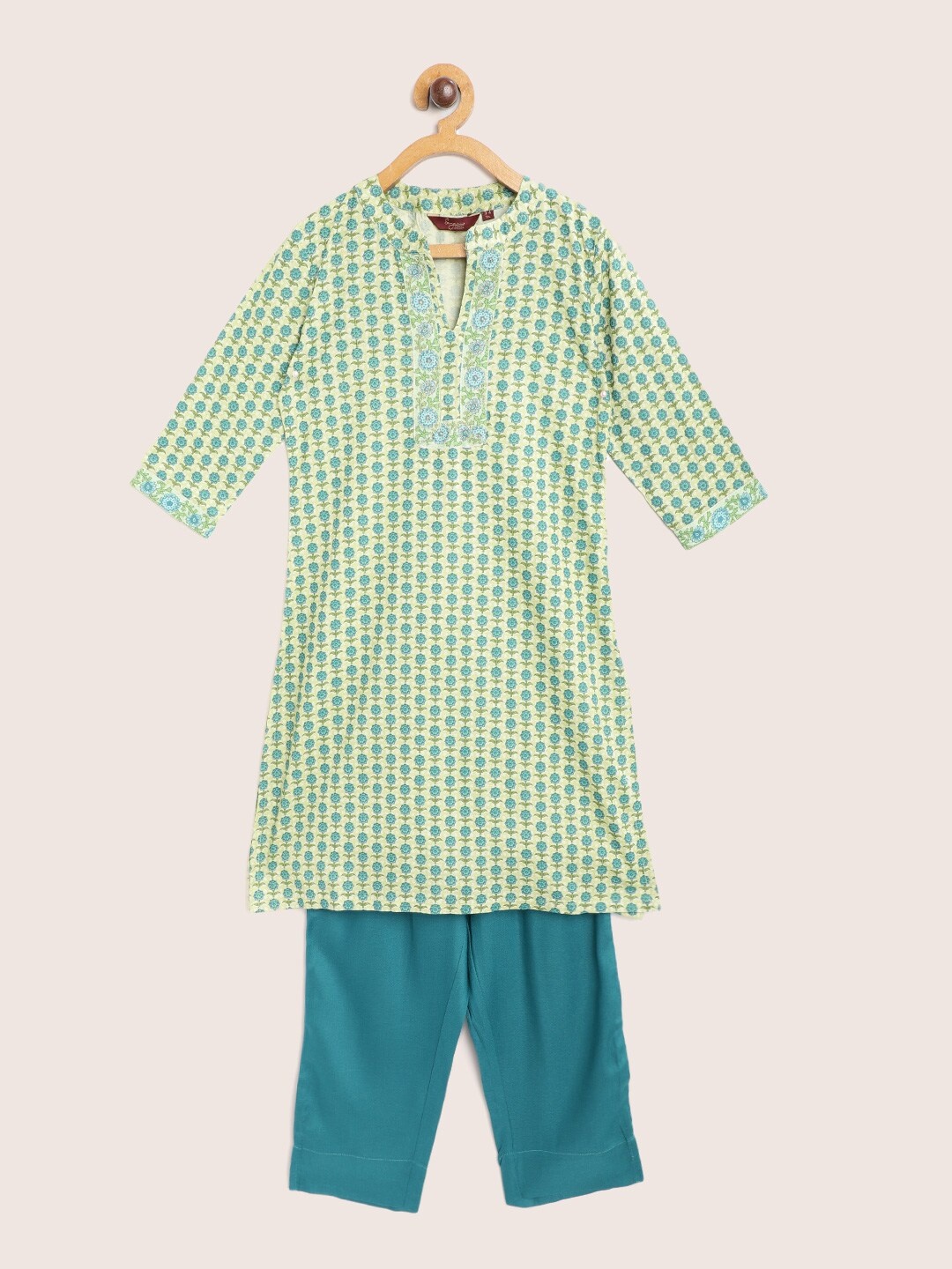

Sangria Girls Green & Teal Blue Floral Print Straight Kurta with Trousers