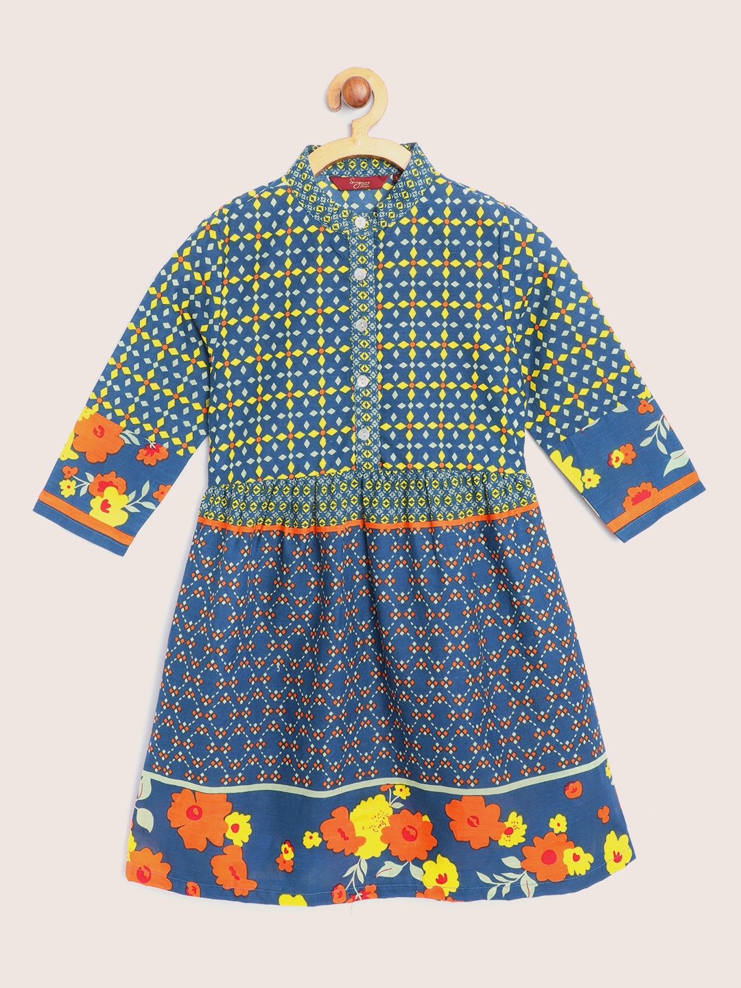 

Sangria Girls Blue & Yellow Pure Cotton Geometric Print Fit & Flare Dress