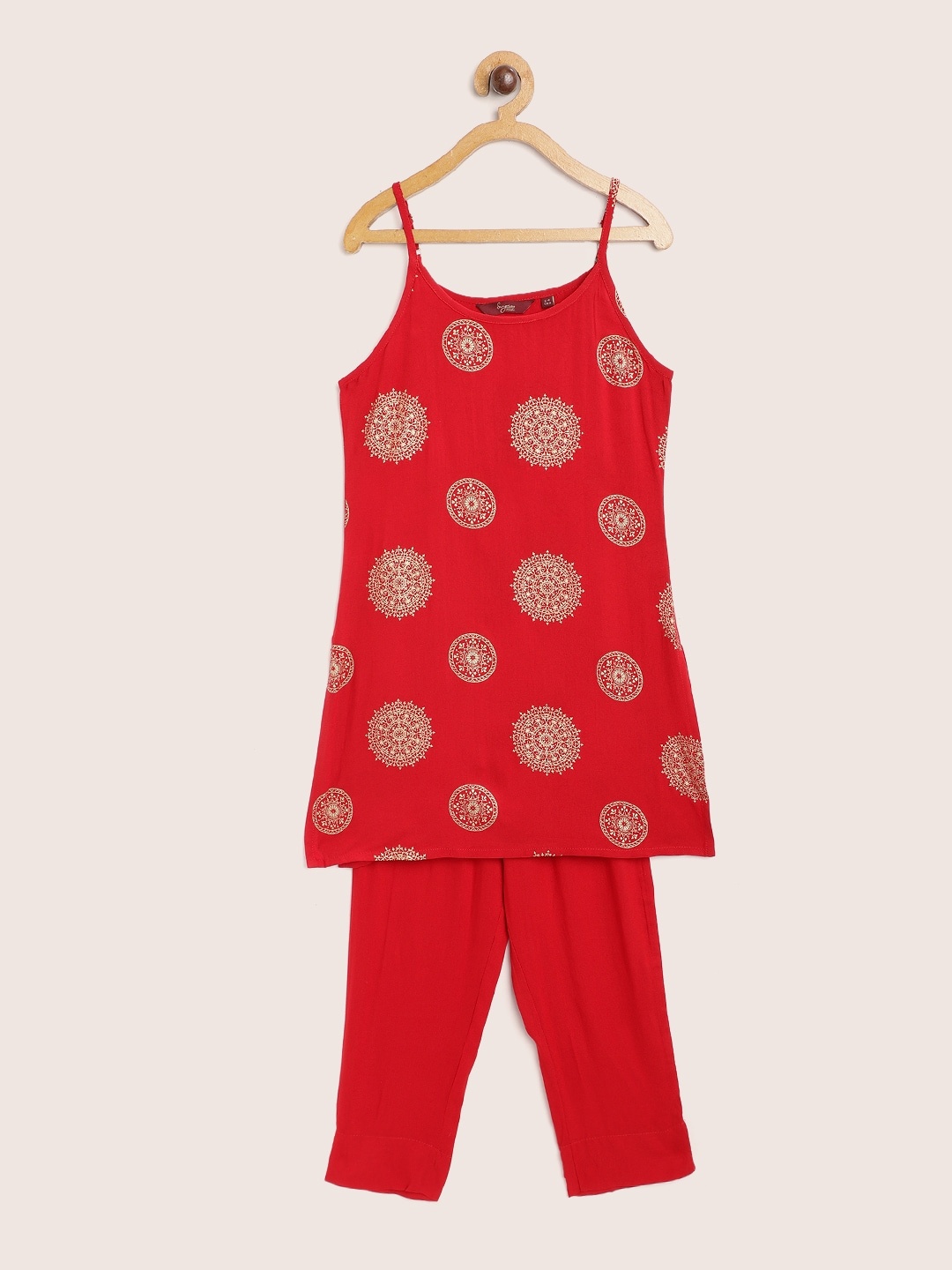 

Sangria Girls Red & Golden Ethnic Motifs Print Straight Kurta with Trousers
