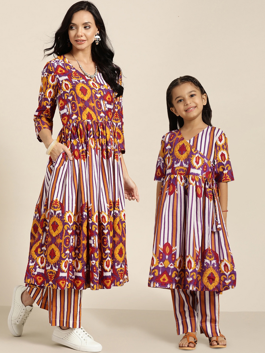 

Sangria Girls Purple & Red Striped Pure Cotton Angrakha Kurta With Trousers