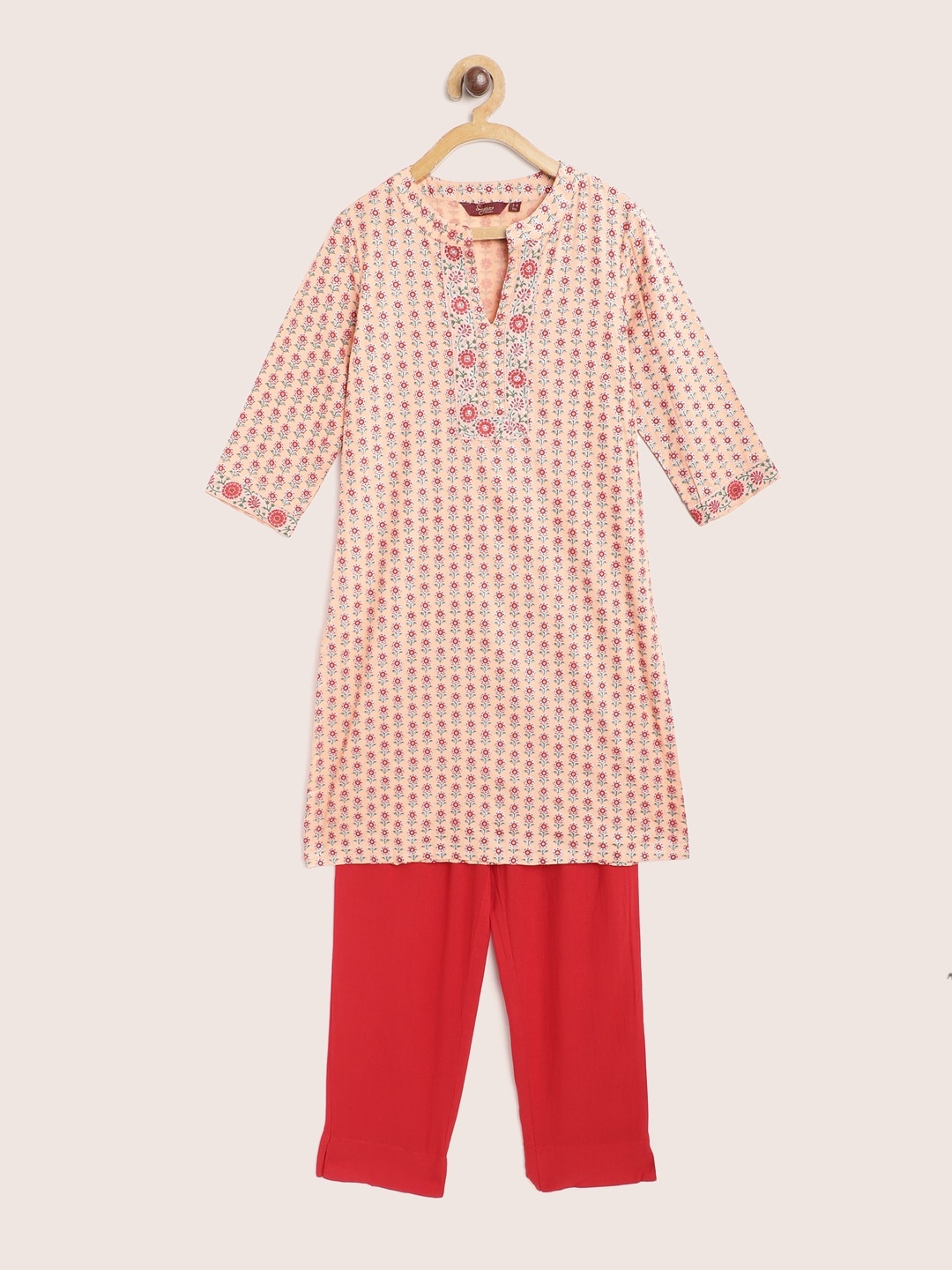

Sangria Girls Cream-Coloured & Red Floral Print Straight Kurta with Trousers