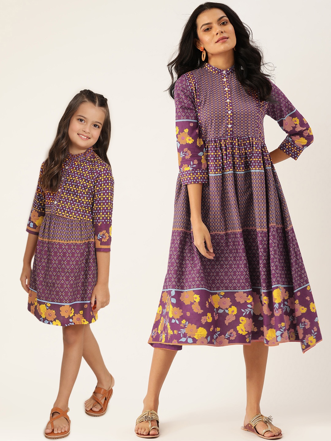 

Sangria Girls Purple & Yellow Pure Cotton Ethnic Print Fit & Flare Dress