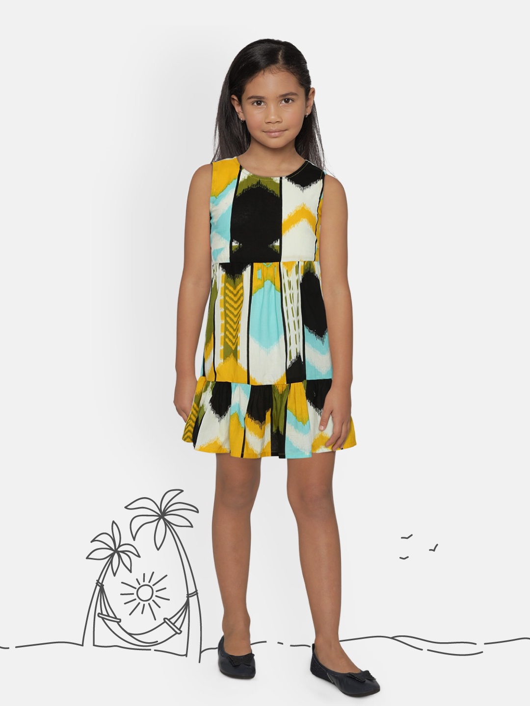 

Sangria Girls Multi-Coloured Abstract Print Pure Cotton Flounce Hem A-Line Dress