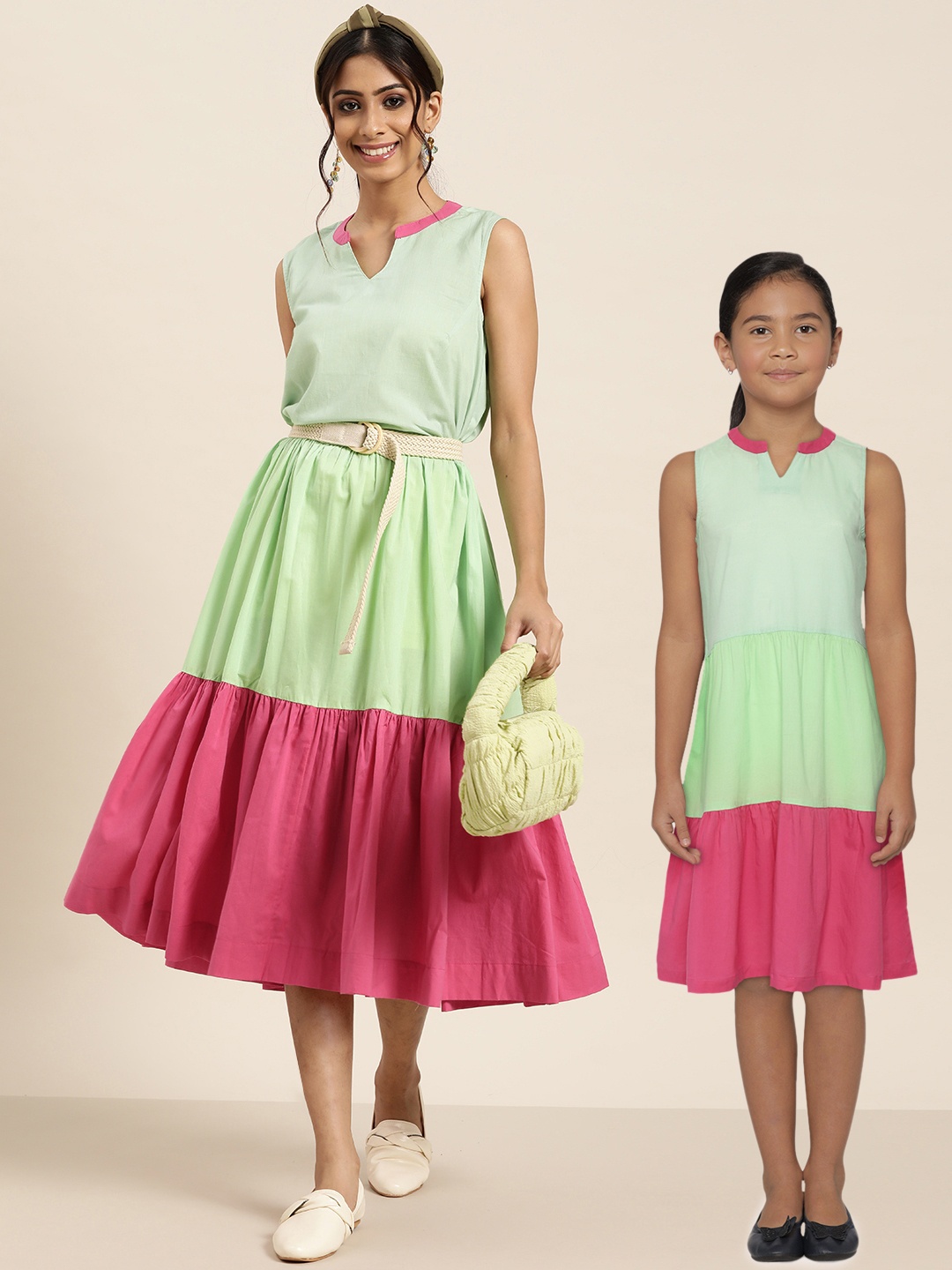 

Sangria Girls Green & Pink Colourblocked Cotton Tiered Fit & Flare Dress