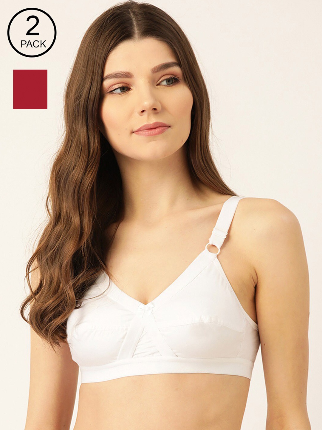 

Lady Lyka White & Maroon Solid Set of 2 Non-Wired Non Padded Everyday Bra