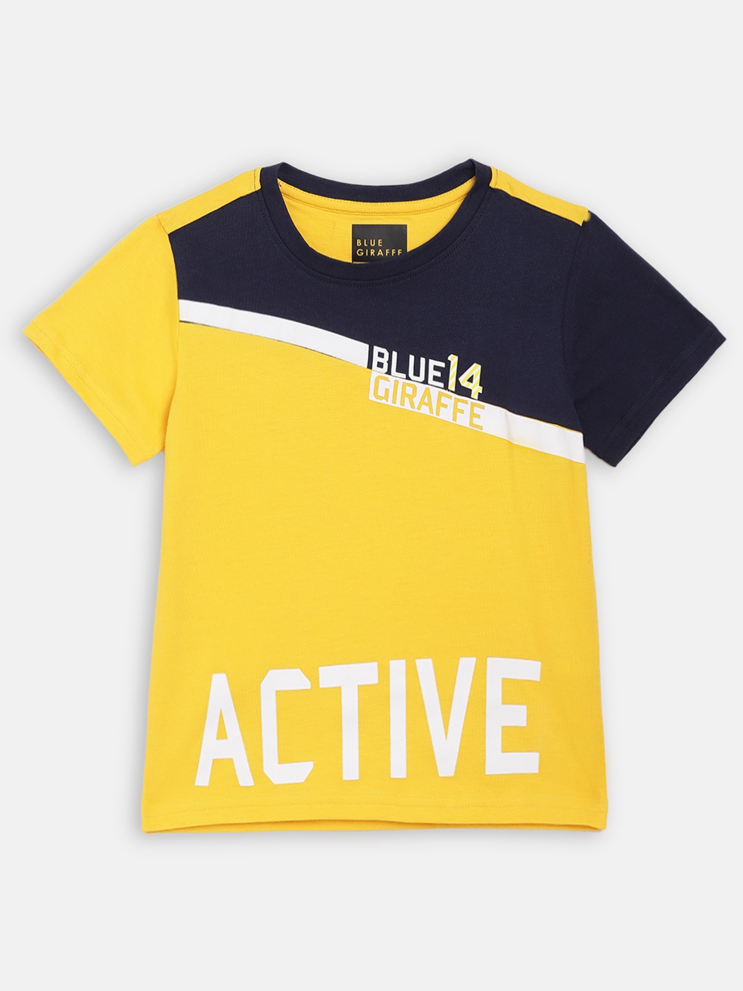 

Blue Giraffe Boys Yellow Colourblocked Cotton Round Neck T-shirt