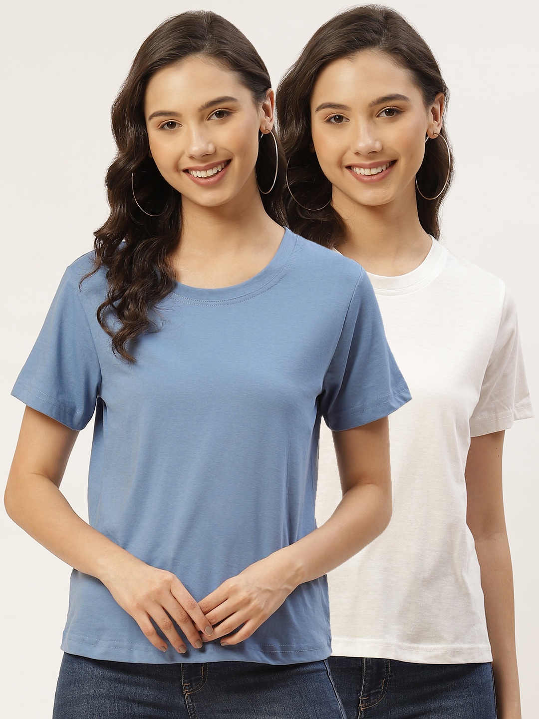 

Besiva Women Pack of 2 Solid Round Neck T-shirts, Blue