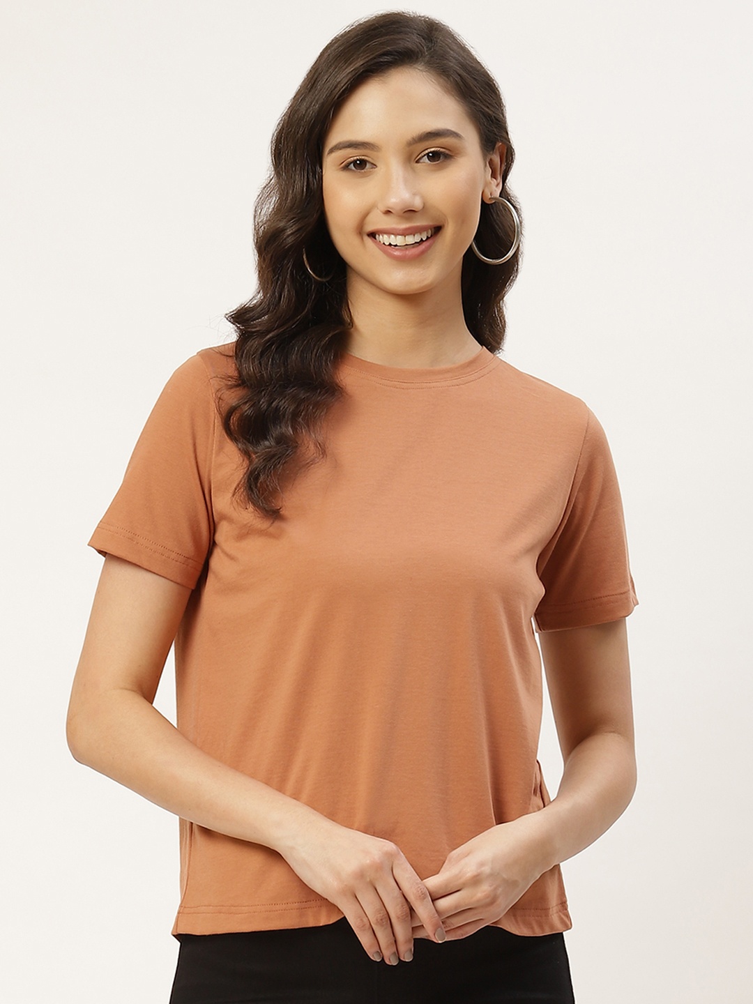 

Besiva Women Camel Brown Solid Round Neck T-shirt