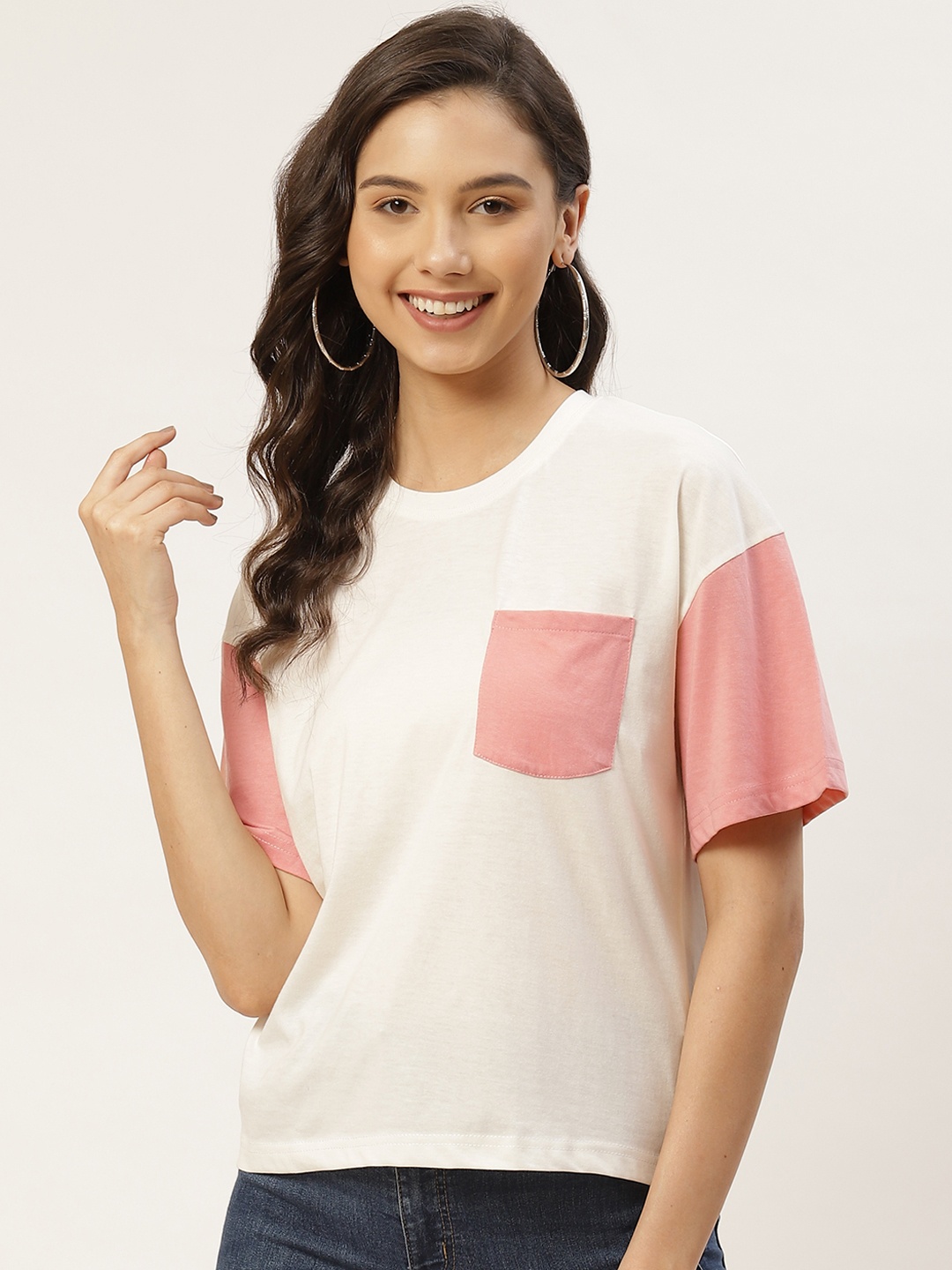 

Besiva Women White & Peach-Coloured Solid Drop-Shoulder Sleeves T-shirt