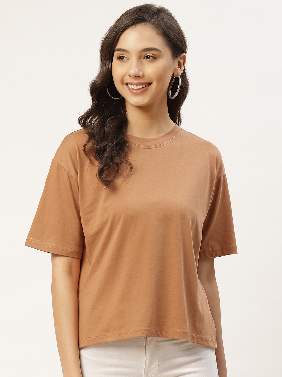 

Besiva Women Camel Brown Solid Drop-Shoulder Sleeves T-shirt