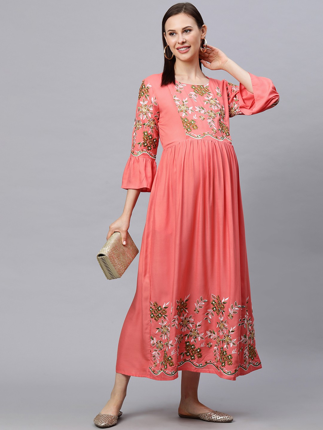 

MomToBe Women Peach-Coloured Embroidered Maternity Nursing Maxi Dress