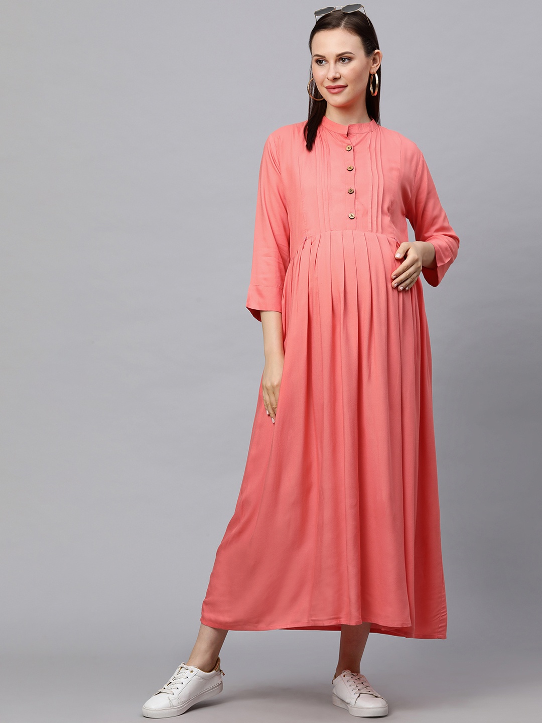 

MomToBe Women Peach-Coloured Solid Maternity Nursing Dress