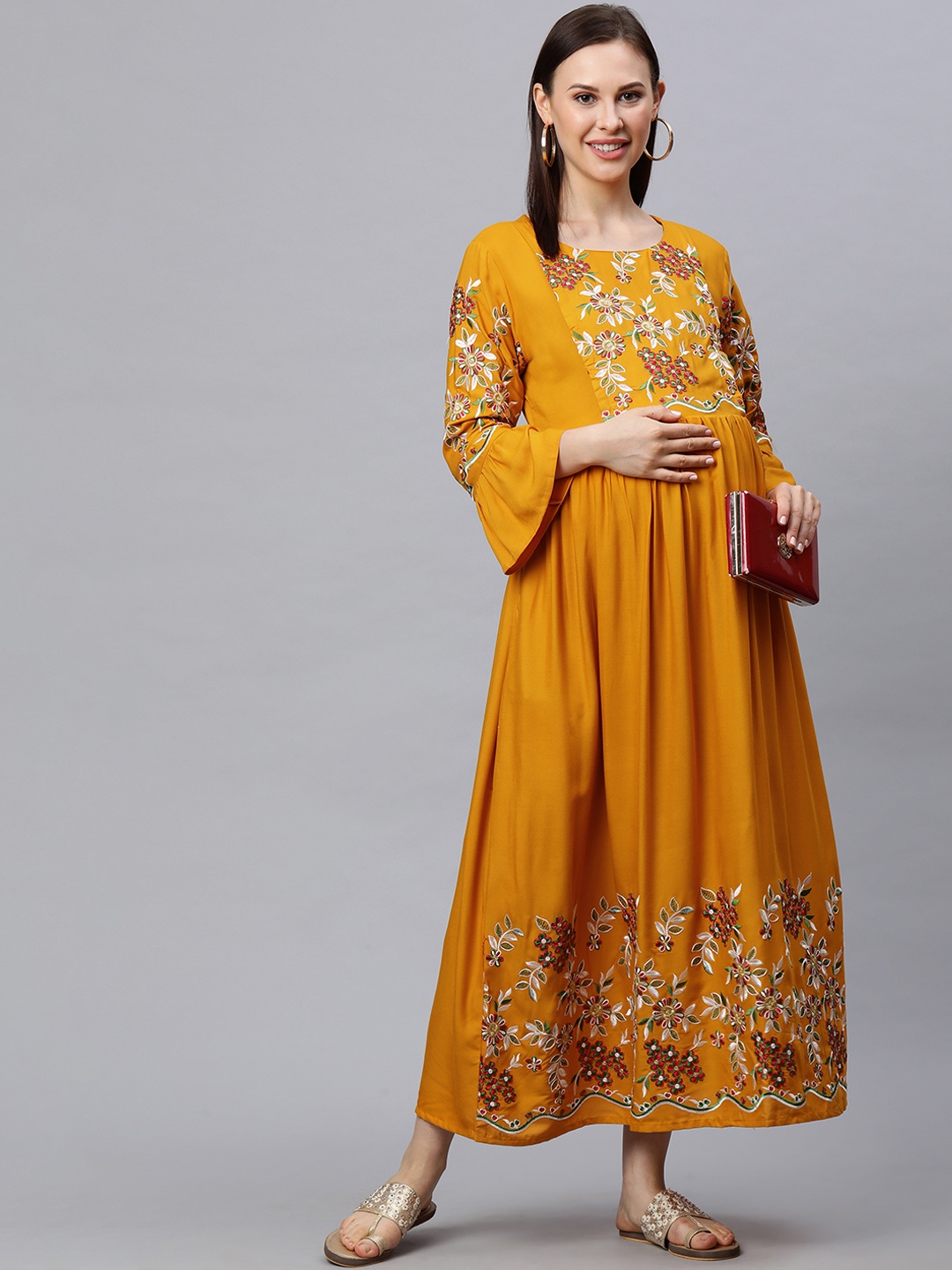

MomToBe Women Yellow Embroidered A-Line Maternity Nursing Dress