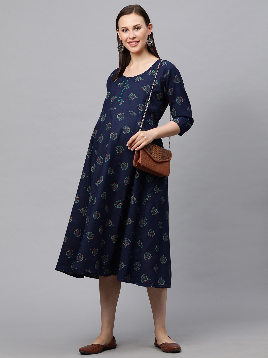 

MomToBe Women Navy Blue & Green Printed Maternity Nursing Sustainable Dress