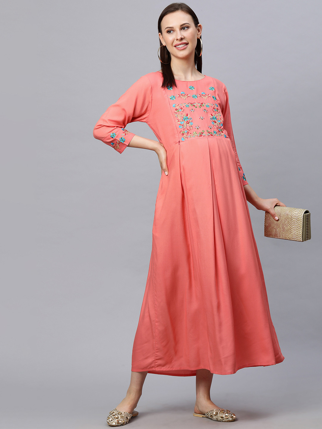 

MomToBe Women Peach-Coloured Solid Maternity Nursing Maxi Dress