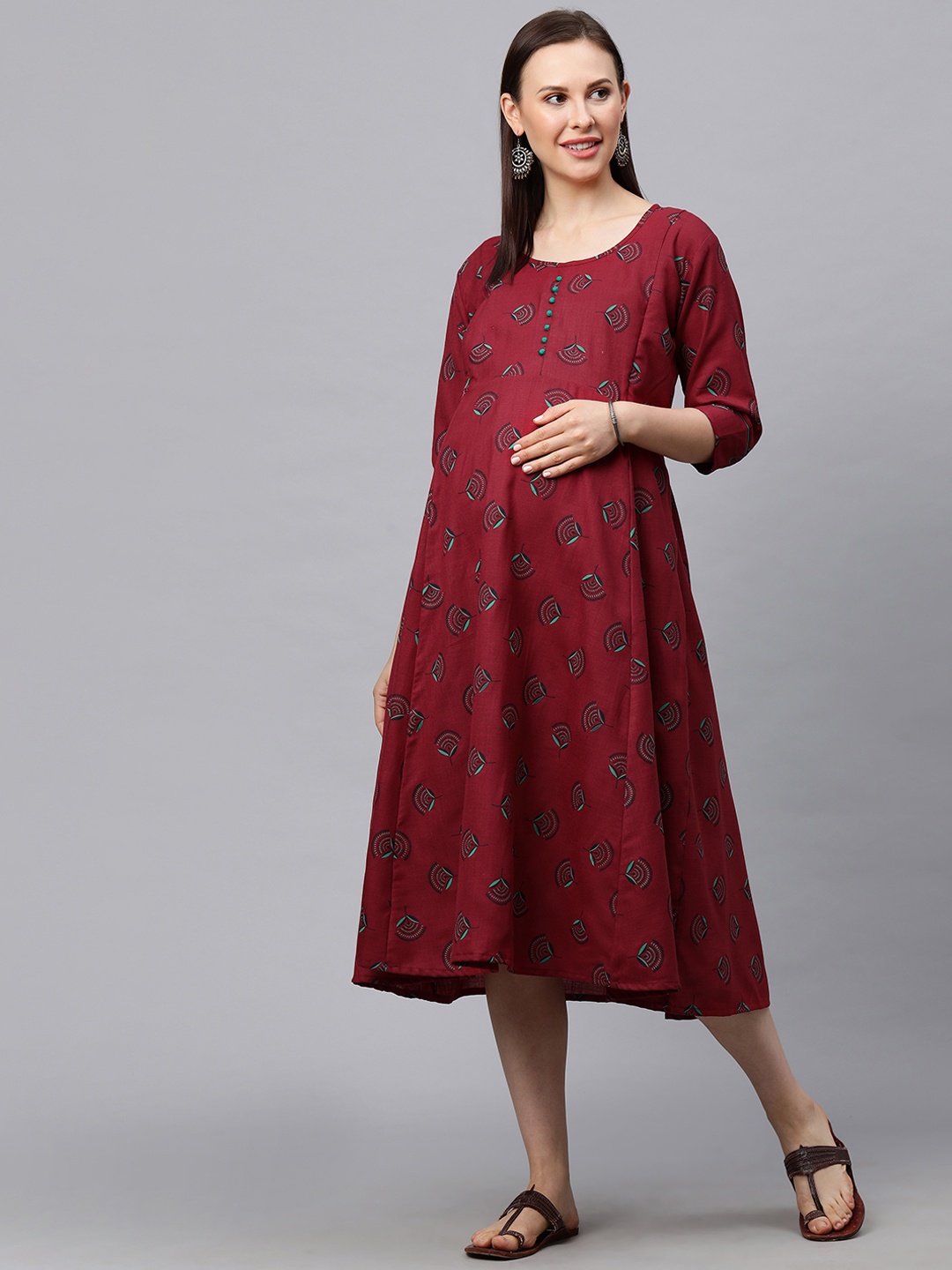

MomToBe Women Maroon Printed Maternity Sustainable Dress