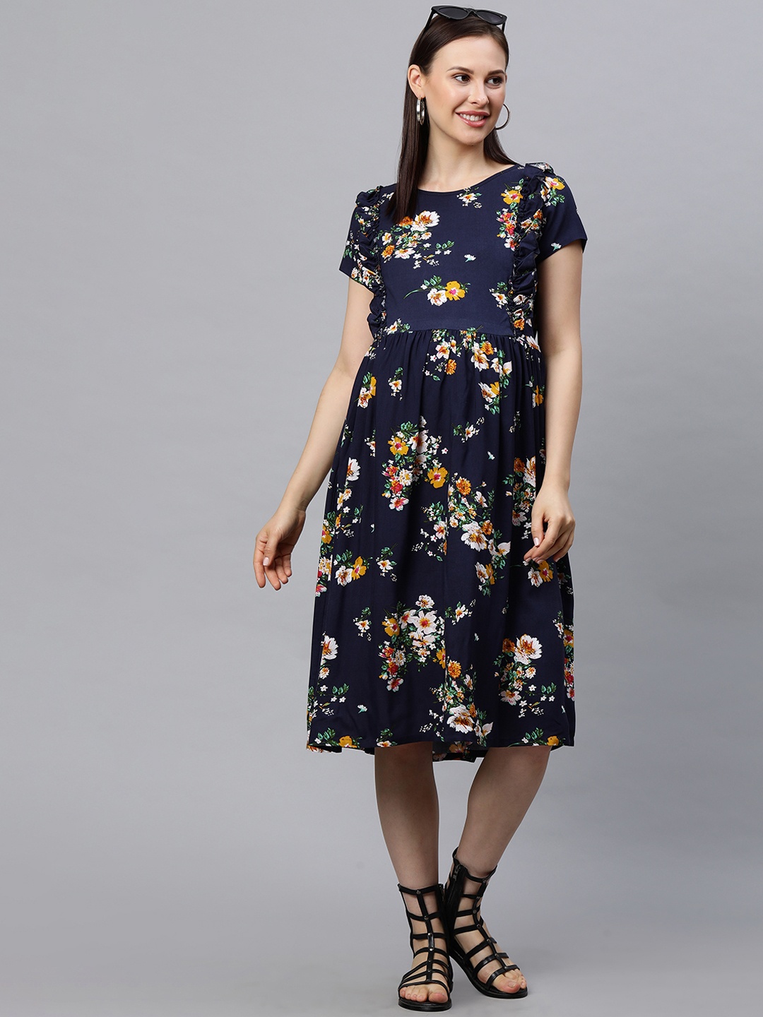 

MomToBe Women Navy Blue Printed A-Line Maternity Nursing Sustainable Dress
