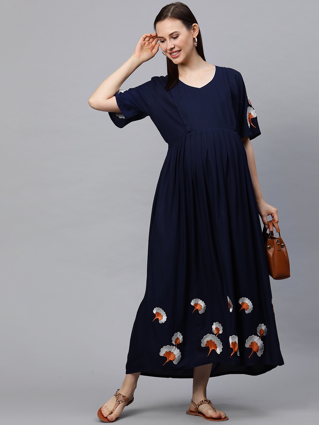 

MomToBe Women Navy Blue Printed Maternity Nursing Maxi Sustainable Dress