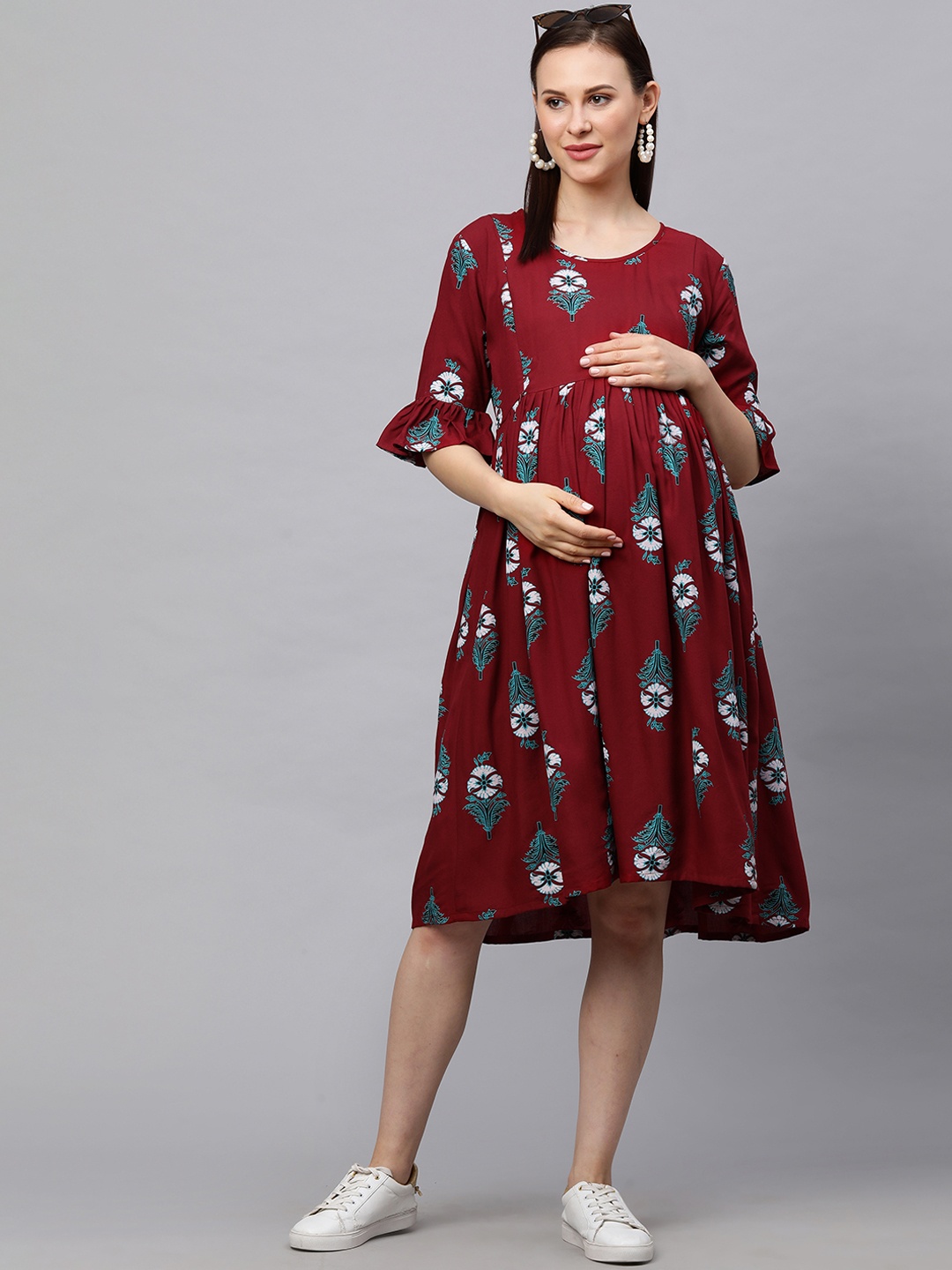 

MomToBe Women Maroon Printed Maternity Nursing Dress