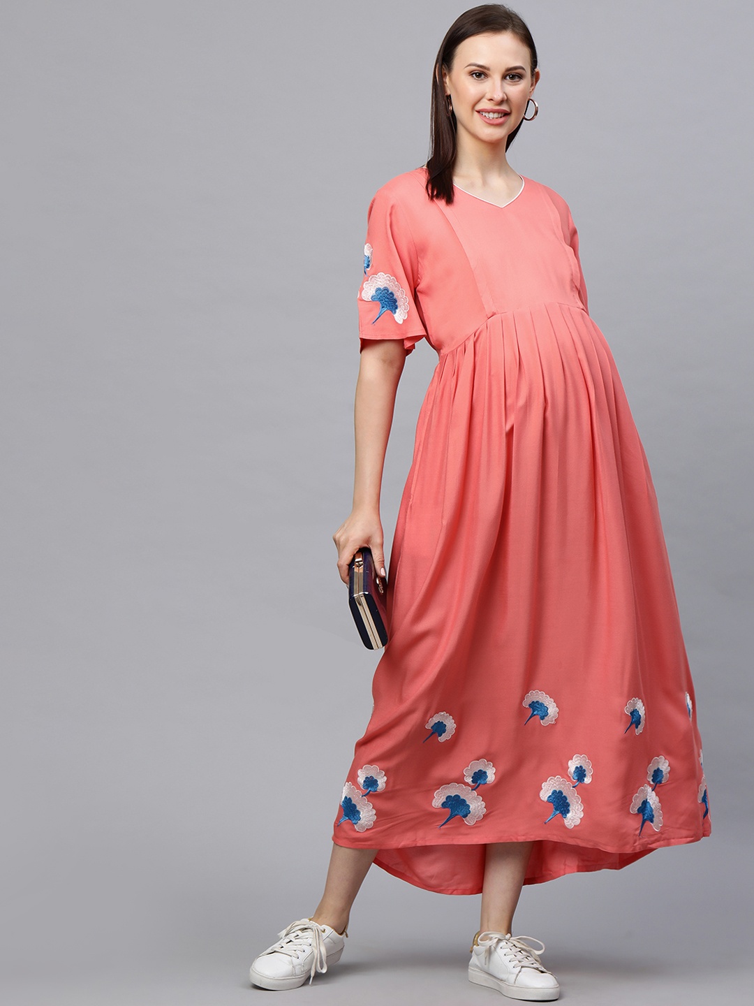 

MomToBe Women Peach-Coloured Embroidered Maternity Nursing Maxi Dress