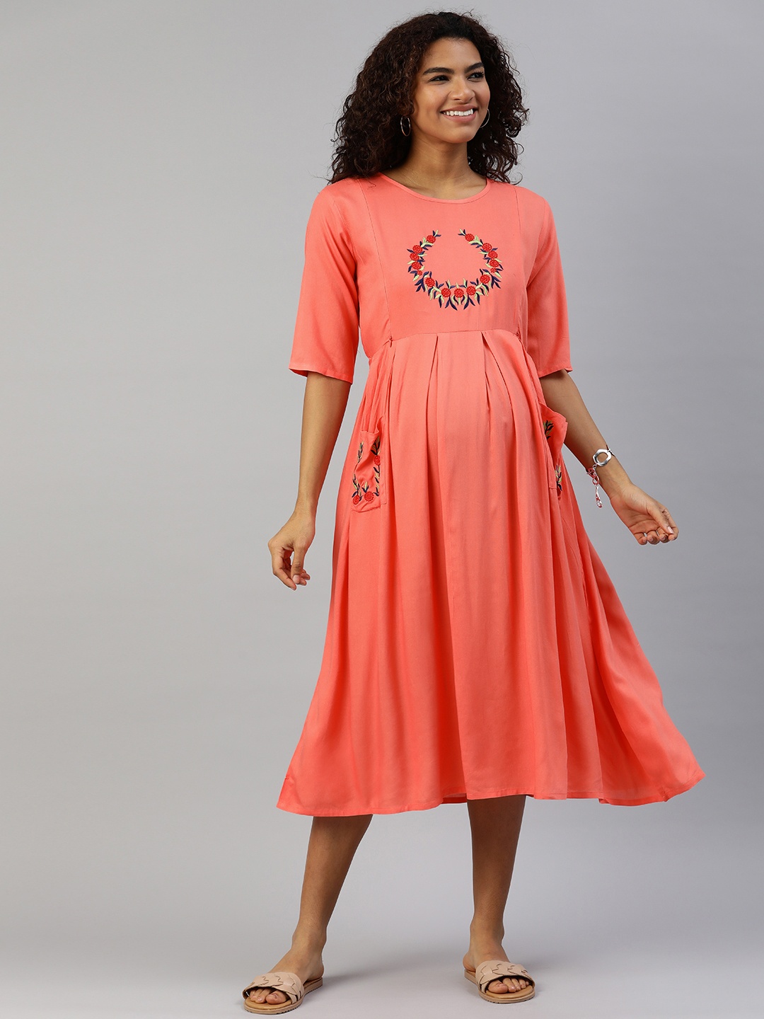 

MomToBe Women Peach-Coloured Embroidered Maternity Nursing Dress