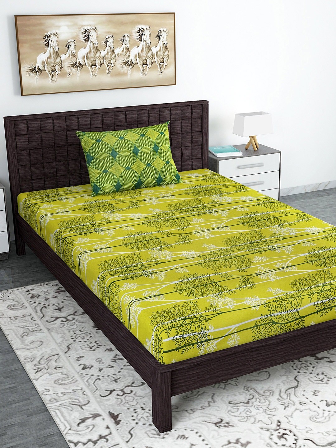 

Divine Casa Green & White Floral 120 TC Blend Cotton 1 Single Bedsheet with 1 Pillow Cover